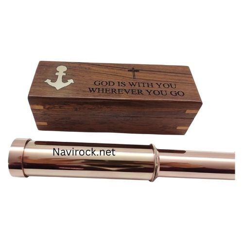 Vintage Brass Handheld Telescope with Copper Finish God is with You Wherever You Go | Spyglass in Wooden Box Home Decor
