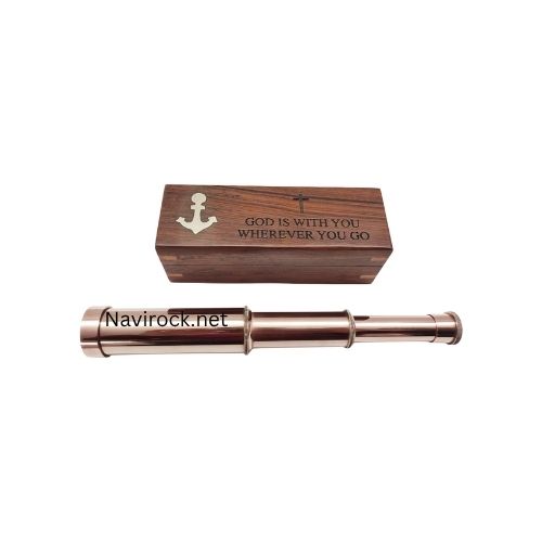 Vintage Brass Handheld Telescope with Copper Finish God is with You Wherever You Go | Spyglass in Wooden Box Home Decor