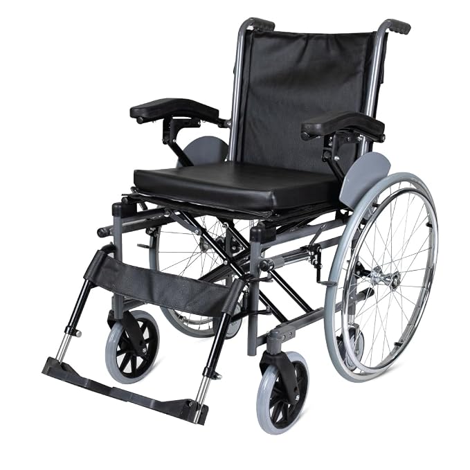 Vissco Imperio Wheelchair with Removable Big Wheels (Spoke), Foldable, Swingable Armrest, Weight Bearing Capacity 110kg, Color (Blue/Grey)