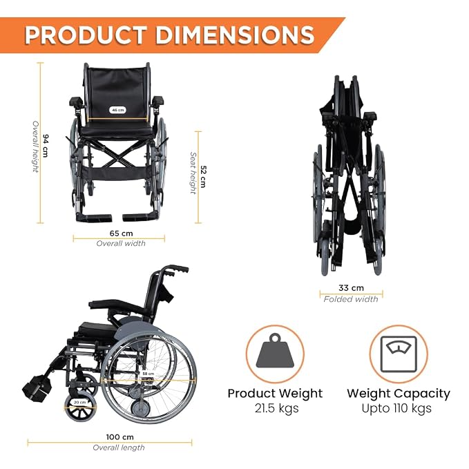 Vissco Imperio Wheelchair with Removable Big Wheels (Spoke), Foldable, Swingable Armrest, Weight Bearing Capacity 110kg, Color (Blue/Grey)