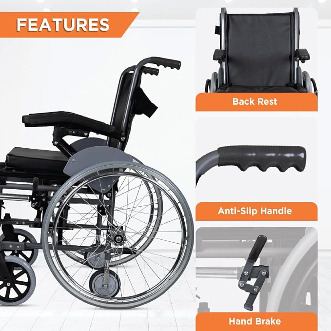 Vissco Imperio Wheelchair with Removable Big Wheels (Spoke), Foldable, Swingable Armrest, Weight Bearing Capacity 110kg, Color (Blue/Grey)