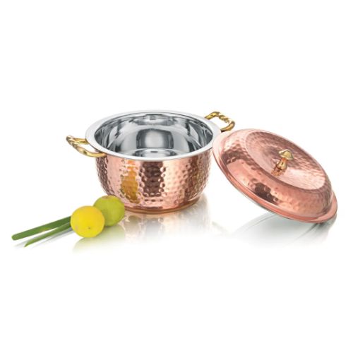 Serving Donga-Indian Art Villa Steel Copper Hammered Design Handi/Casserole. - Color: Coper