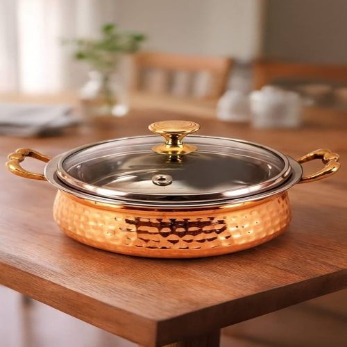 Serving Donga-indian Art Villa Steel Copper Hammered Design Handi/Casserole.