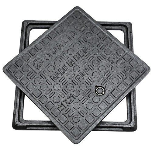 21x21 FRP Manhole Cover - Fiber Reinforced Plastic, 21x21 Inch, Black | Anti-Skid Chequered Surface, Hinged Locking System, UV Stabilized, IS Compliant