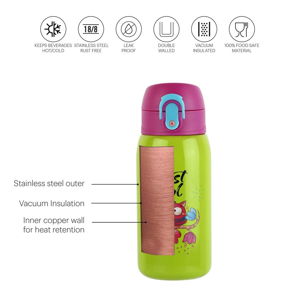 CELLO Junior Insulated Stainless Steel Kids Flask 375 ml, Green | Wide Mouth Rust Resistant, Spillproof & Leakproof Double Wall Vacuum Insulated Hot & Cold Thermosteel Kids Water Bottle for School