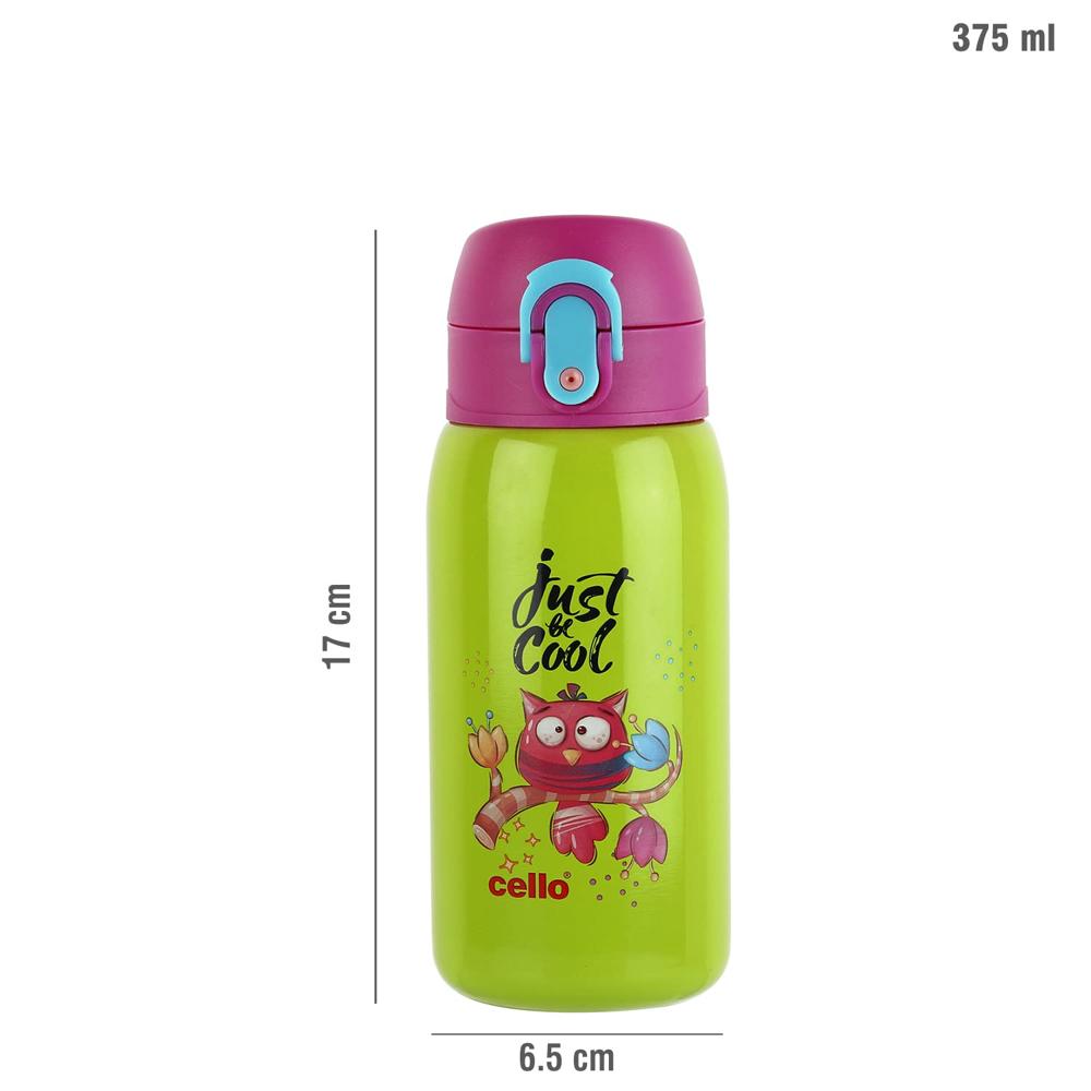 CELLO Junior Insulated Stainless Steel Kids Flask 375 ml, Green | Wide Mouth Rust Resistant, Spillproof & Leakproof Double Wall Vacuum Insulated Hot & Cold Thermosteel Kids Water Bottle for School