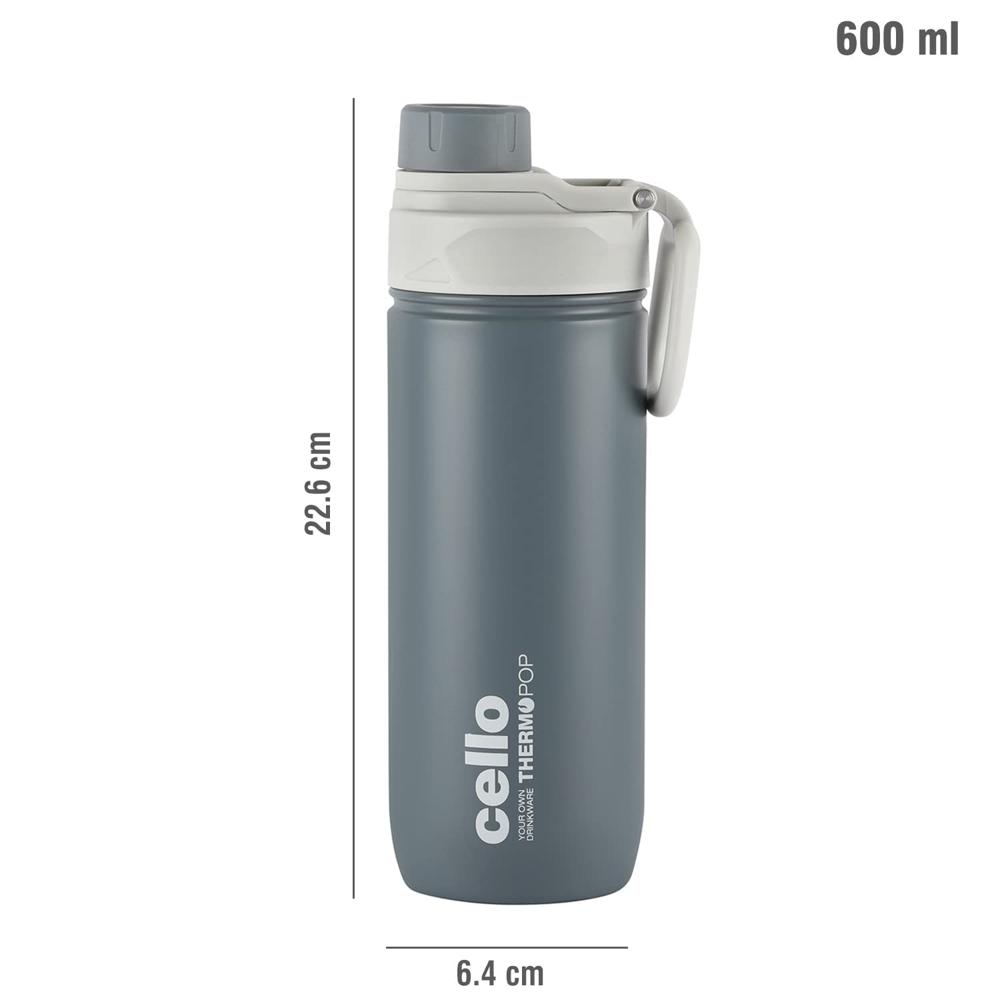 CELLO POP Insulated Stainless Steel Hot & Cold Flask for Daily Use 600 ml, Grey | Double Wall Vacuum Insulated Easy to Carry Stylish Spillproof & Leakproof Flask Water Bottle for Biking, Gym & Office