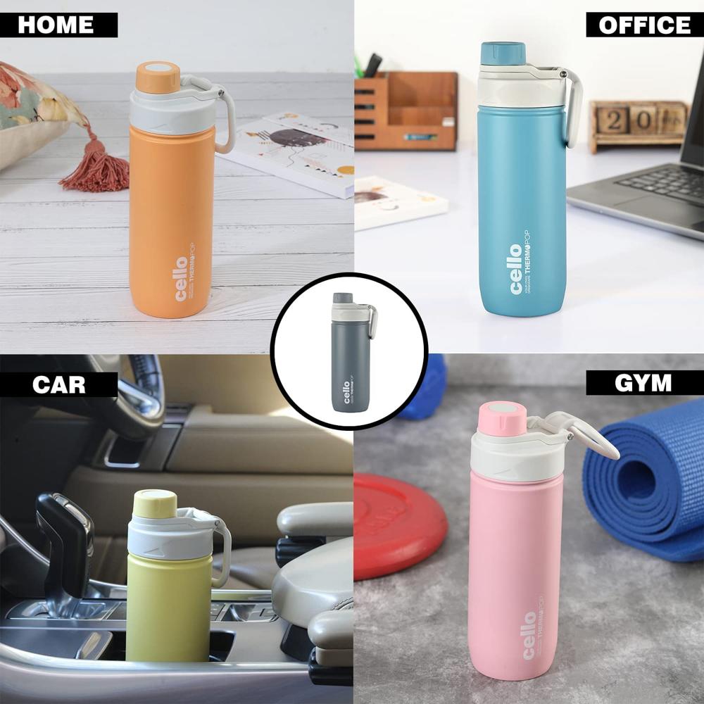 CELLO POP Insulated Stainless Steel Hot & Cold Flask for Daily Use 400 ml, Grey | Double Wall Vacuum Insulated Easy to Carry Stylish Spillproof & Leakproof Flask Water Bottle for Biking, Gym & Office