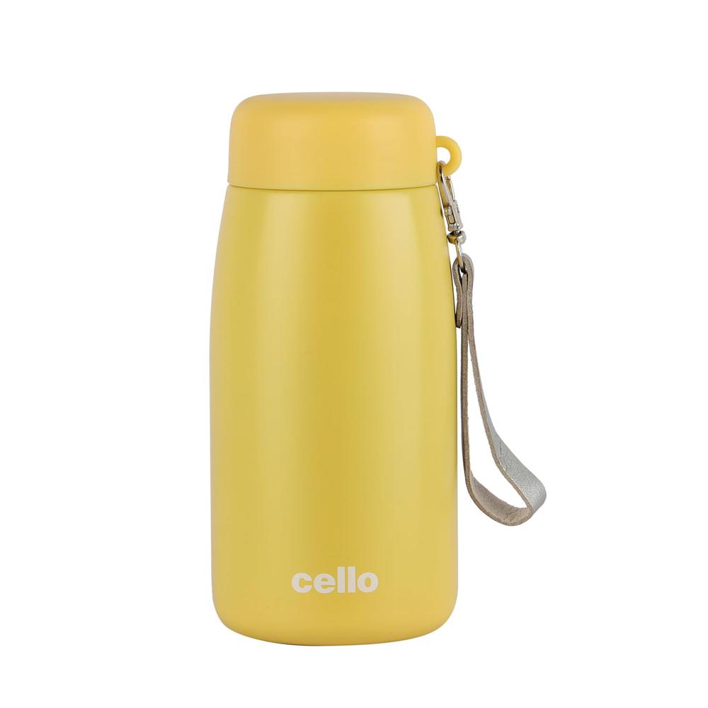 Cello Mom Insulated Thermosteel Flask 350ml, Yellow | ISI Certified Double Walled Vacuum Insulated Mug | Leak Proof, Easy Carry Detachable Strap |Perfect For Hot Water Tea Coffee Soup & Cold Beverages