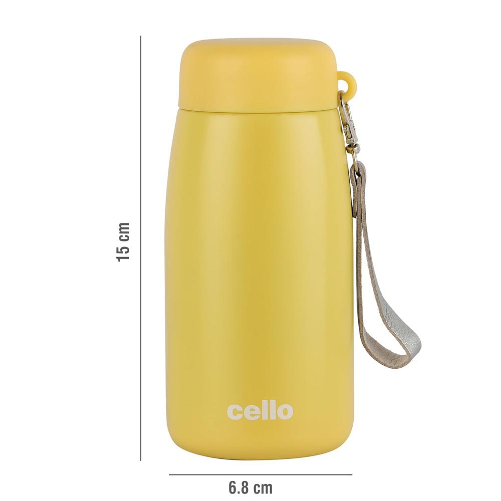Cello Mom Insulated Thermosteel Flask 350ml, Yellow | ISI Certified Double Walled Vacuum Insulated Mug | Leak Proof, Easy Carry Detachable Strap |Perfect For Hot Water Tea Coffee Soup & Cold Beverages