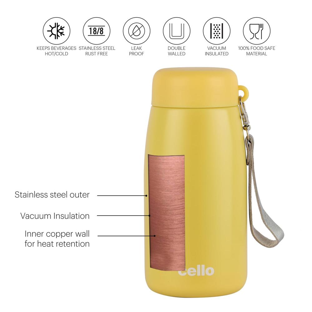 Cello Mom Insulated Thermosteel Flask 350ml, Yellow | ISI Certified Double Walled Vacuum Insulated Mug | Leak Proof, Easy Carry Detachable Strap |Perfect For Hot Water Tea Coffee Soup & Cold Beverages