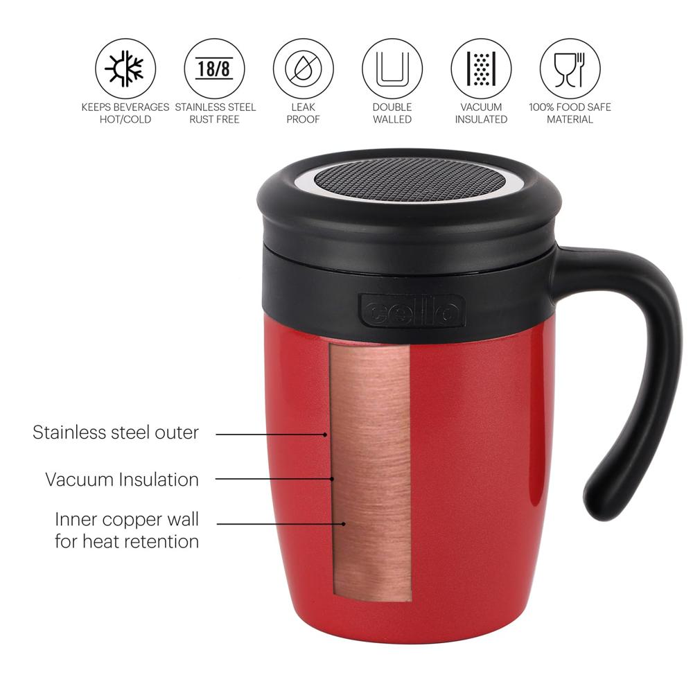 Cello Lexus Stainless Steel Double Walled Vacusteel Mug | Hot and Cold Vacuum Insulated for Travel, Home, Office | 550ml, Red
