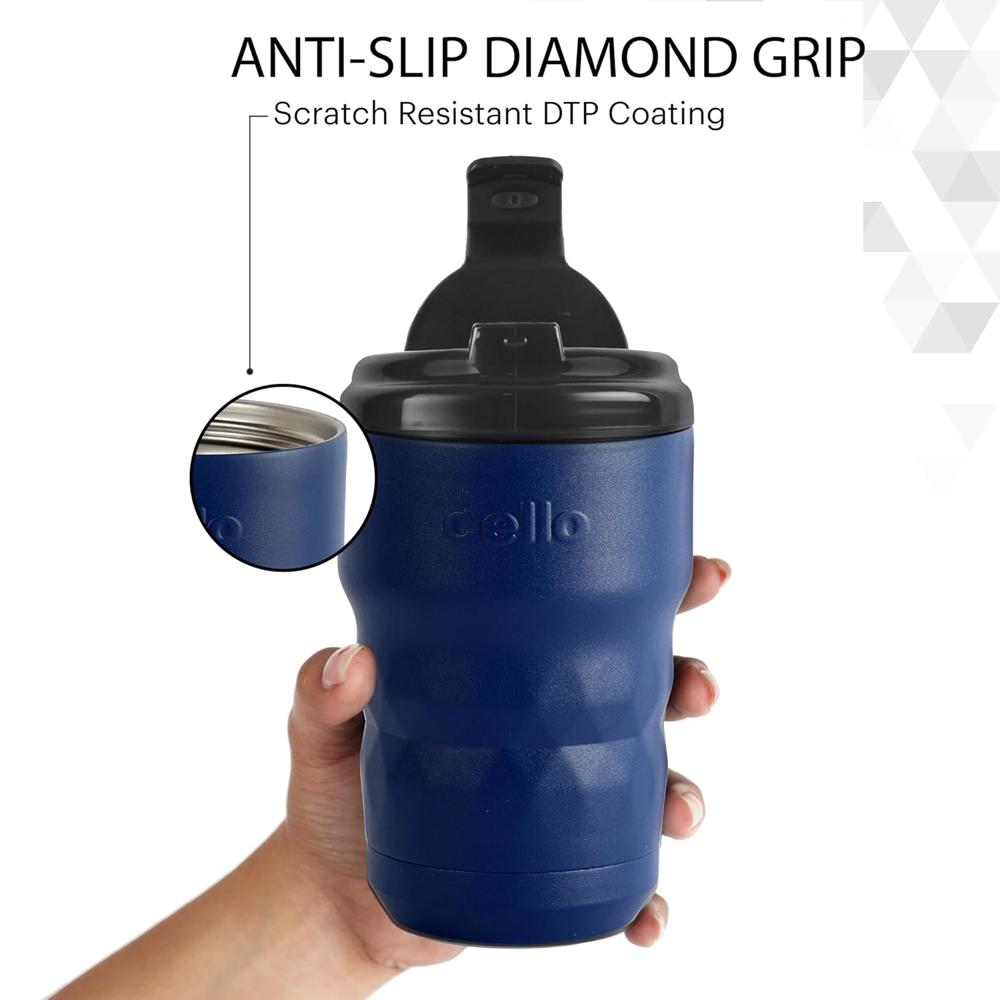 CELLO Nomad Insulated Stainless Steel Flask Mug 350 ml Blue | Easy One Hand Grip Flip Top Lid Leakproof Rustproof Spillproof Hot and Cold Thermosteel Tea Coffee Water Flask Mug For Travel & Office Use
