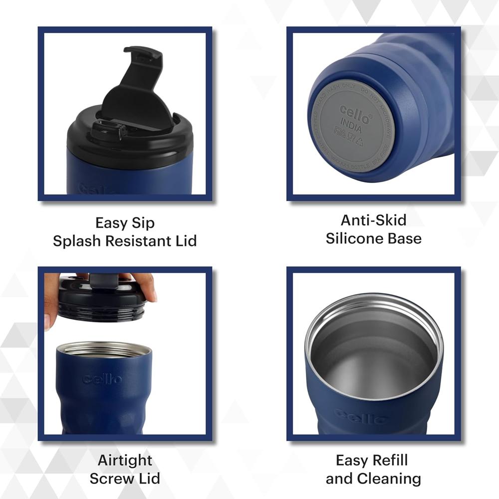 CELLO Nomad Insulated Stainless Steel Flask Mug 350 ml Blue | Easy One Hand Grip Flip Top Lid Leakproof Rustproof Spillproof Hot and Cold Thermosteel Tea Coffee Water Flask Mug For Travel & Office Use