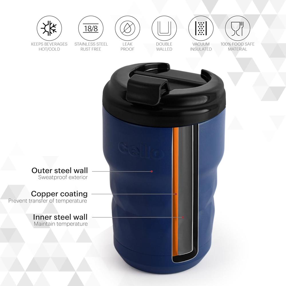 CELLO Nomad Insulated Stainless Steel Flask Mug 350 ml Blue | Easy One Hand Grip Flip Top Lid Leakproof Rustproof Spillproof Hot and Cold Thermosteel Tea Coffee Water Flask Mug For Travel & Office Use