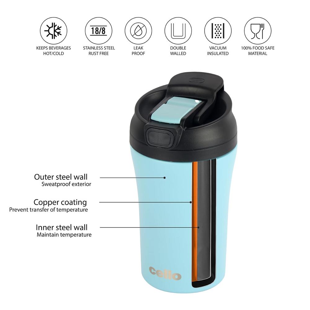 Cello Duro Coffee Mate | Double Walled Stainless Steel with Durable DTP Coating | Vacuum Insulated Travel Flask | for Hot & Cold Drink | 550ml, Blue