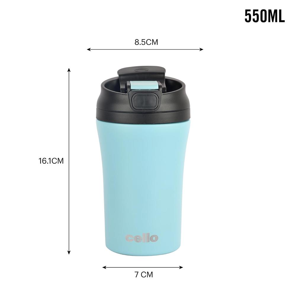 Cello Duro Coffee Mate | Double Walled Stainless Steel with Durable DTP Coating | Vacuum Insulated Travel Flask | for Hot & Cold Drink | 550ml, Blue
