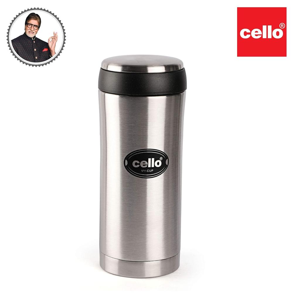 Cello My Cup Vacuum Insulated | Travel Coffee Mug Hot and Cold with Lid | Double Walled Stainless Steel Bottle for Travel, Home, Office, School | 350ml, Silver
