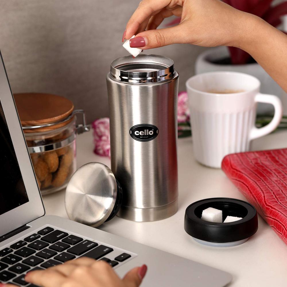Cello My Cup Vacuum Insulated | Travel Coffee Mug Hot and Cold with Lid | Double Walled Stainless Steel Bottle for Travel, Home, Office, School | 350ml, Silver