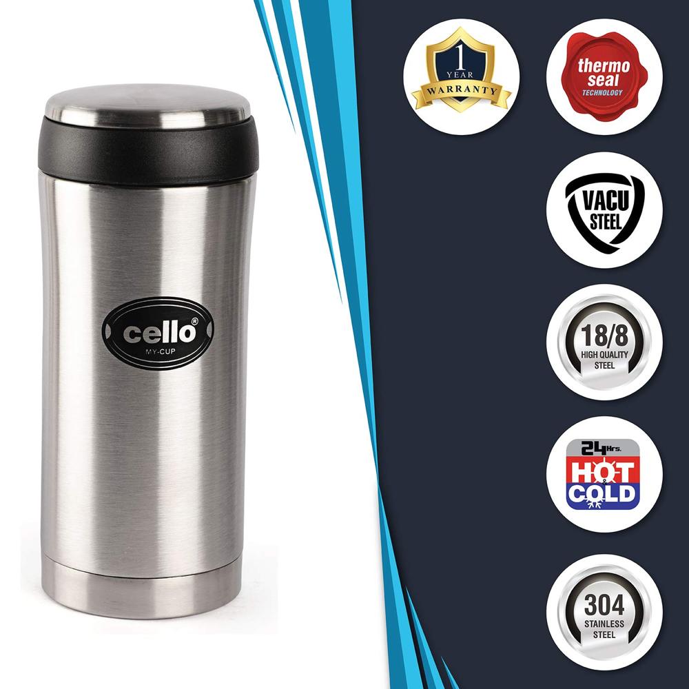 Cello My Cup Vacuum Insulated | Travel Coffee Mug Hot and Cold with Lid | Double Walled Stainless Steel Bottle for Travel, Home, Office, School | 350ml, Silver