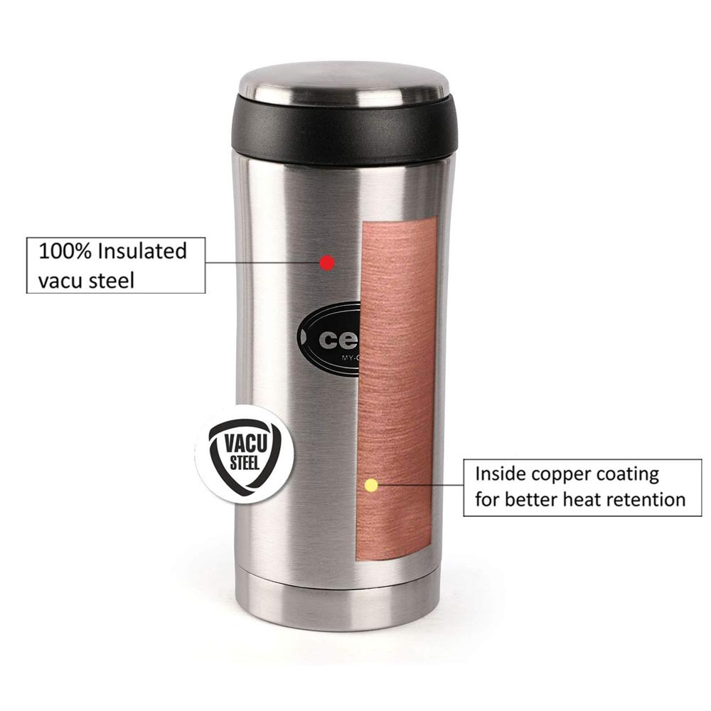 Cello My Cup Vacuum Insulated | Travel Coffee Mug Hot and Cold with Lid | Double Walled Stainless Steel Bottle for Travel, Home, Office, School | 350ml, Silver