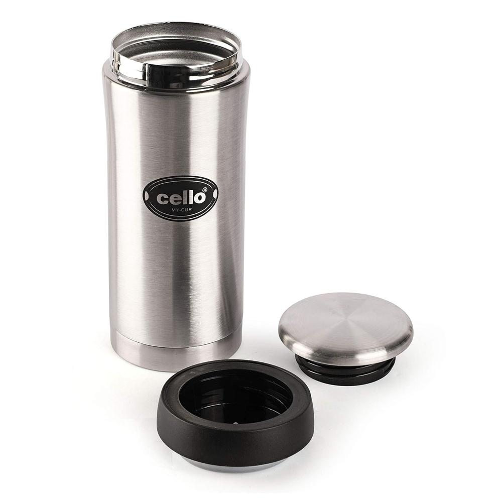 Cello My Cup Vacuum Insulated | Travel Coffee Mug Hot and Cold with Lid | Double Walled Stainless Steel Bottle for Travel, Home, Office, School | 500ml, Silver