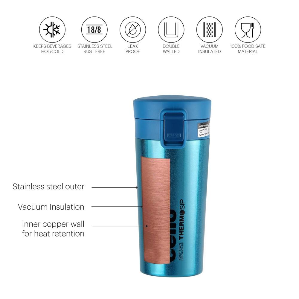 CELLO Monty Thermosteel Hot & Cold Flask 450ml, Gold | Double Wall Vacuum Insulated Air Tight Rust & Leakproof Water, Tea, Coffee, Juice, Cold Beverages Thermos Flask For Office, Travel, Gym & Gifting