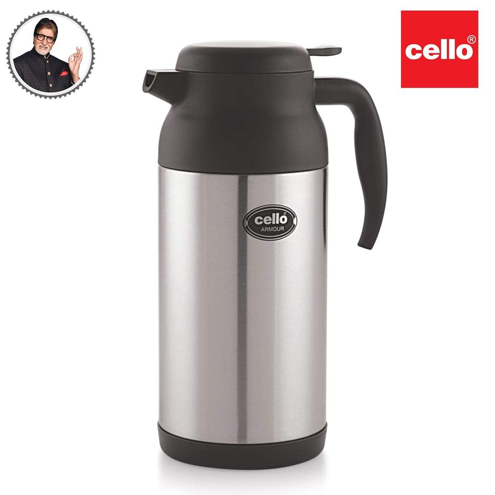 Cello Armour Thermosteel Tea Coffee Carafe With Handle 2000ml, Black | Double Walled, Vacuum Insulated Teapot | Wide Mouth & Easy To Pour | Lightweight Hot & Cold Steel Jug For Home, Office & Gifting - Capacity: 2000 Milliliter (ml)