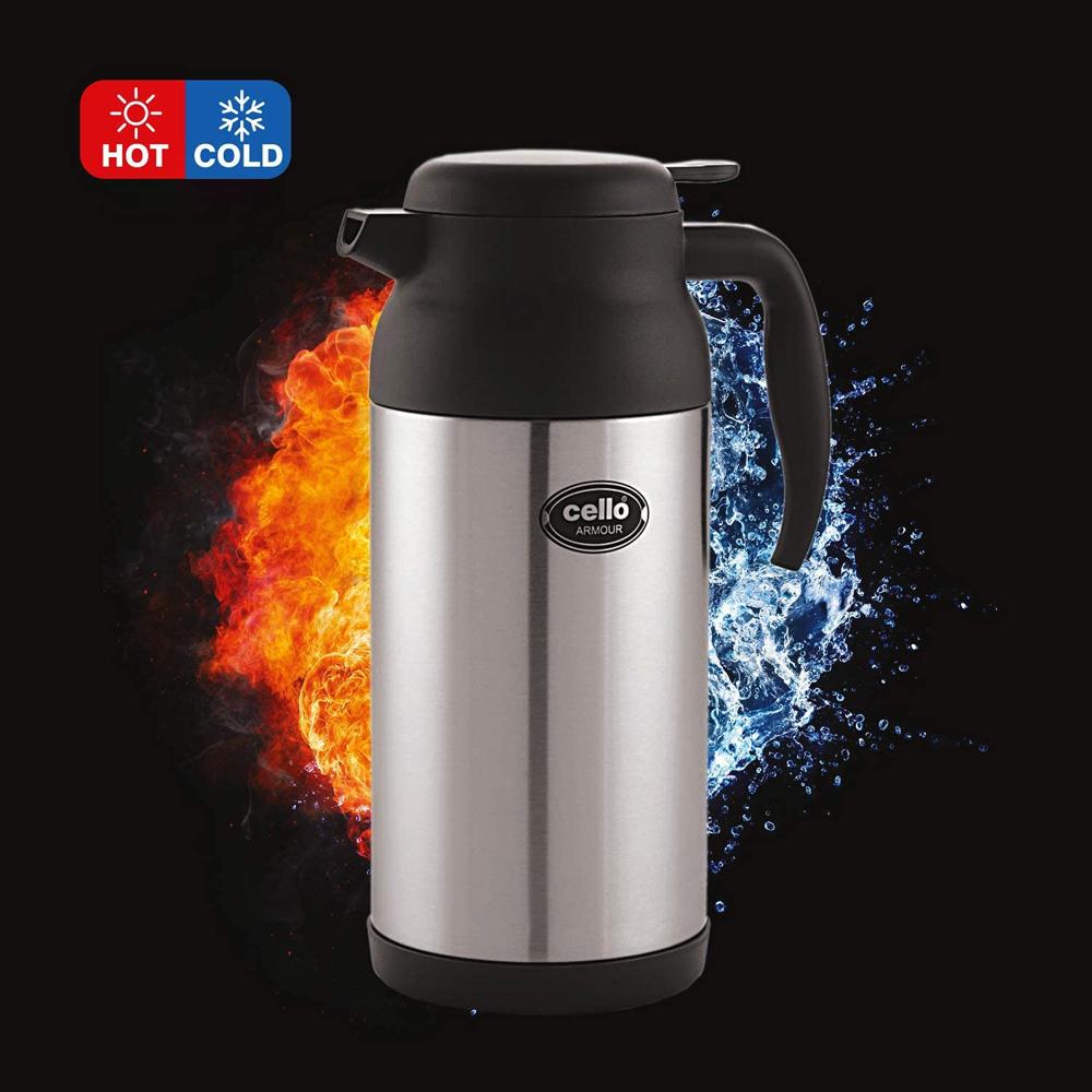 Cello Armour Thermosteel Tea Coffee Carafe with Handle 2000ml, Black | Double Walled, Vacuum Insulated Teapot | Wide Mouth & Easy to Pour | Lightweight Hot & Cold Steel Jug for Home, Office & Gifting