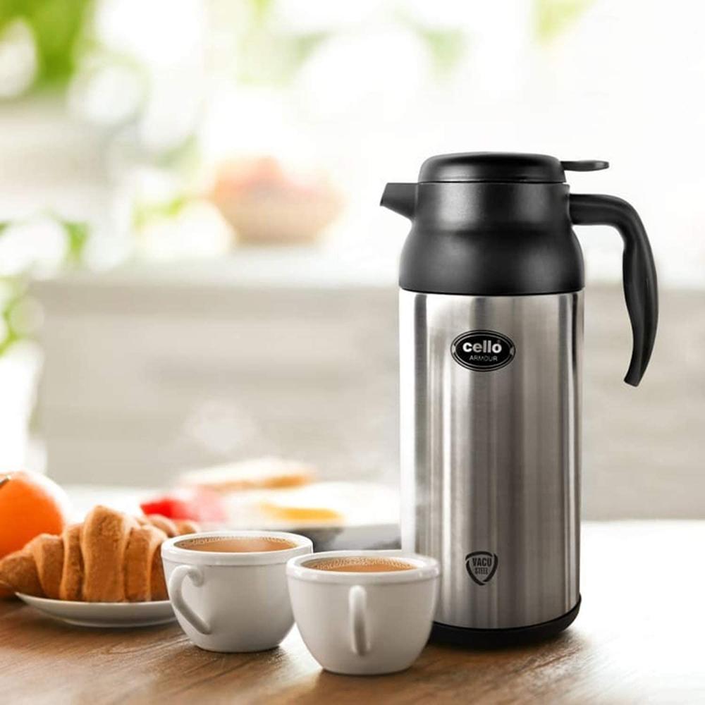 Cello Armour Thermosteel Tea Coffee Carafe with Handle 2000ml, Black | Double Walled, Vacuum Insulated Teapot | Wide Mouth & Easy to Pour | Lightweight Hot & Cold Steel Jug for Home, Office & Gifting