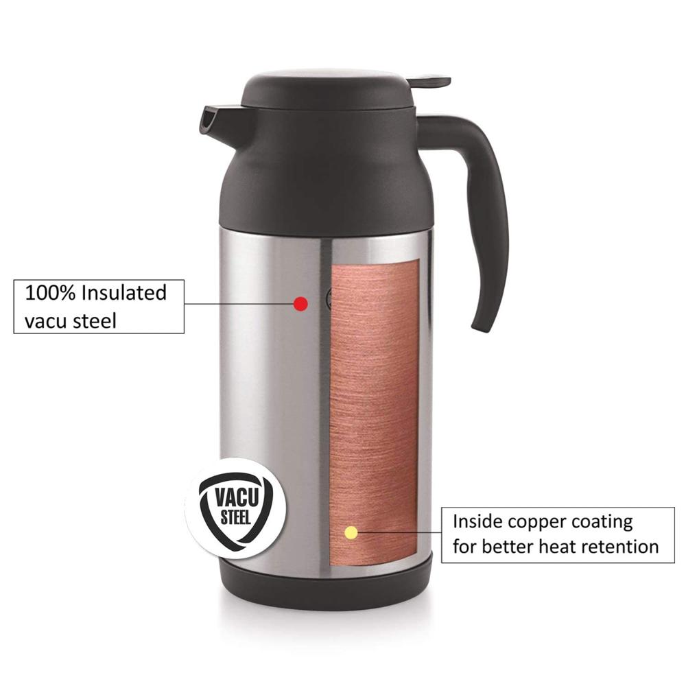 Cello Armour Thermosteel Tea Coffee Carafe with Handle 2000ml, Black | Double Walled, Vacuum Insulated Teapot | Wide Mouth & Easy to Pour | Lightweight Hot & Cold Steel Jug for Home, Office & Gifting