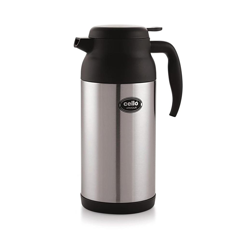 Cello Armour Thermosteel Tea Coffee Carafe with Handle 2000ml, Black | Double Walled, Vacuum Insulated Teapot | Wide Mouth & Easy to Pour | Lightweight Hot & Cold Steel Jug for Home, Office & Gifting