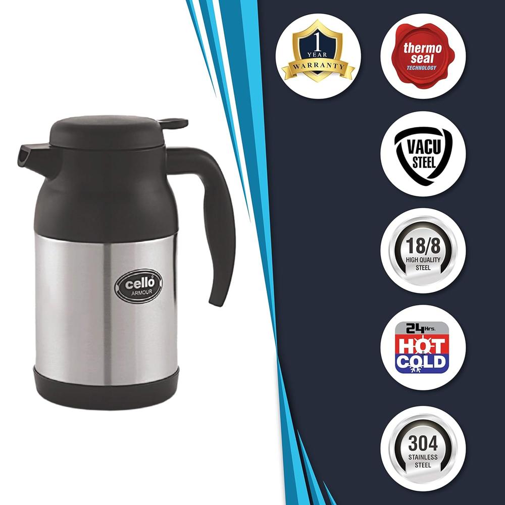 Cello Armour Stainless Steel Double Walled Carafe, Insulated (800ml, Black)