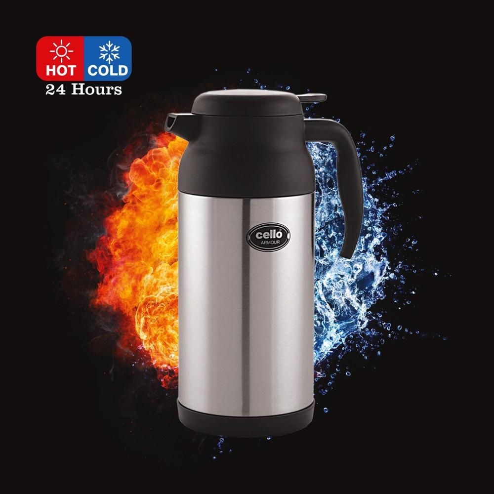 Cello Armour Vacuum Insulated Carafe | Hot and Cold Flask | Vacuum Insulated Tea/Coffee Pot | 1600ml, Black (Stainless Steel)