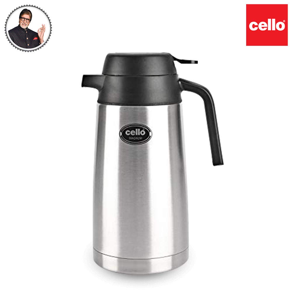 Cello Magnum ISI Certified Vacuum Insulated Stainless Steel Carafe with Handle 1600 ml, Black | Double Walled, Vacuum Insulated, Hot & Cold | Easy to Carry Leakproof Stainless Steel Tea/Coffee Flask