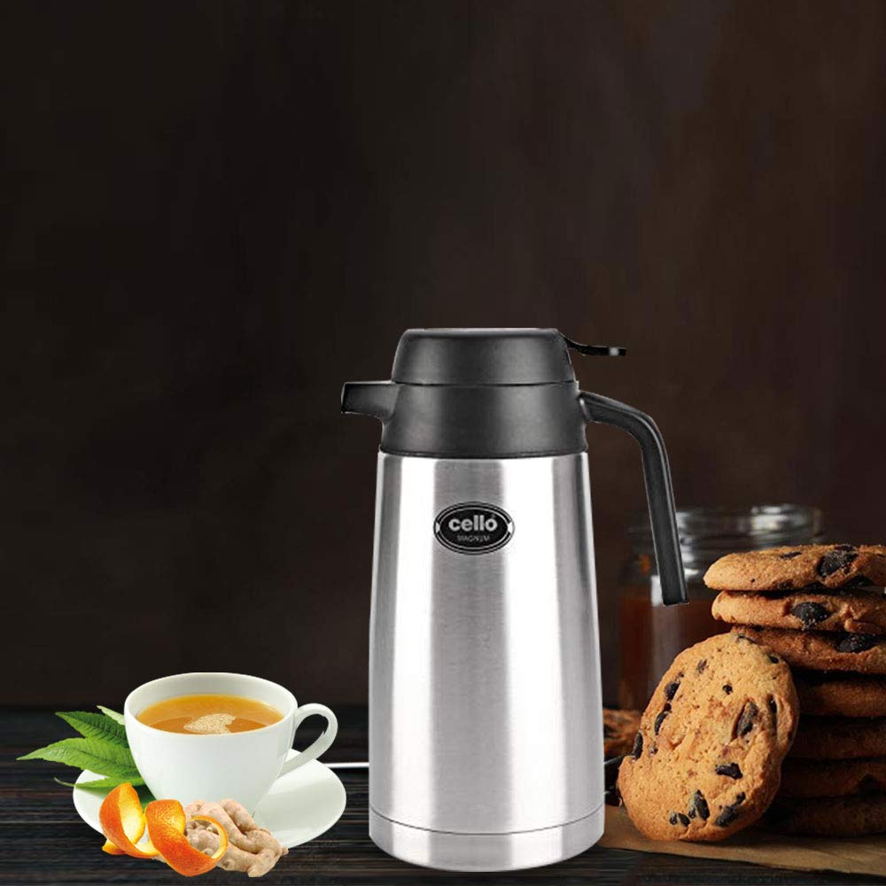 Cello Magnum ISI Certified Vacuum Insulated Stainless Steel Carafe with Handle 1600 ml, Black | Double Walled, Vacuum Insulated, Hot & Cold | Easy to Carry Leakproof Stainless Steel Tea/Coffee Flask
