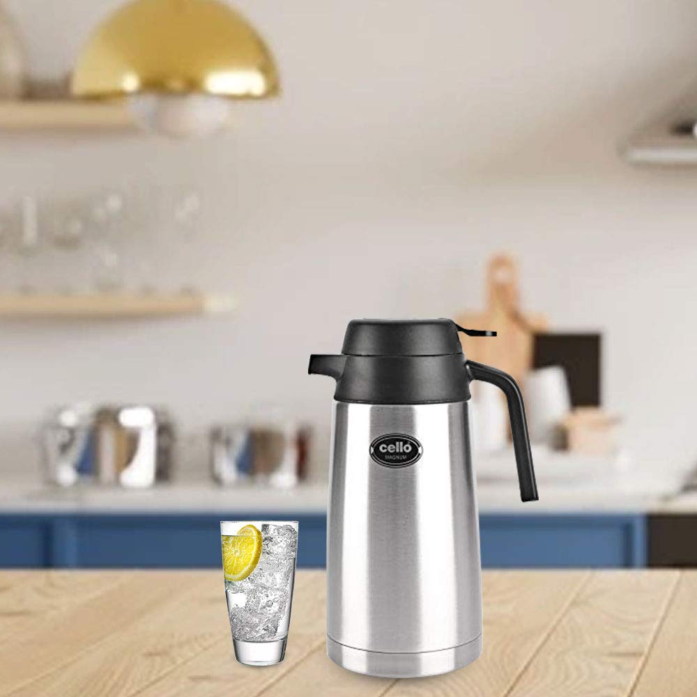 Cello Magnum ISI Certified Vacuum Insulated Stainless Steel Carafe with Handle 1600 ml, Black | Double Walled, Vacuum Insulated, Hot & Cold | Easy to Carry Leakproof Stainless Steel Tea/Coffee Flask