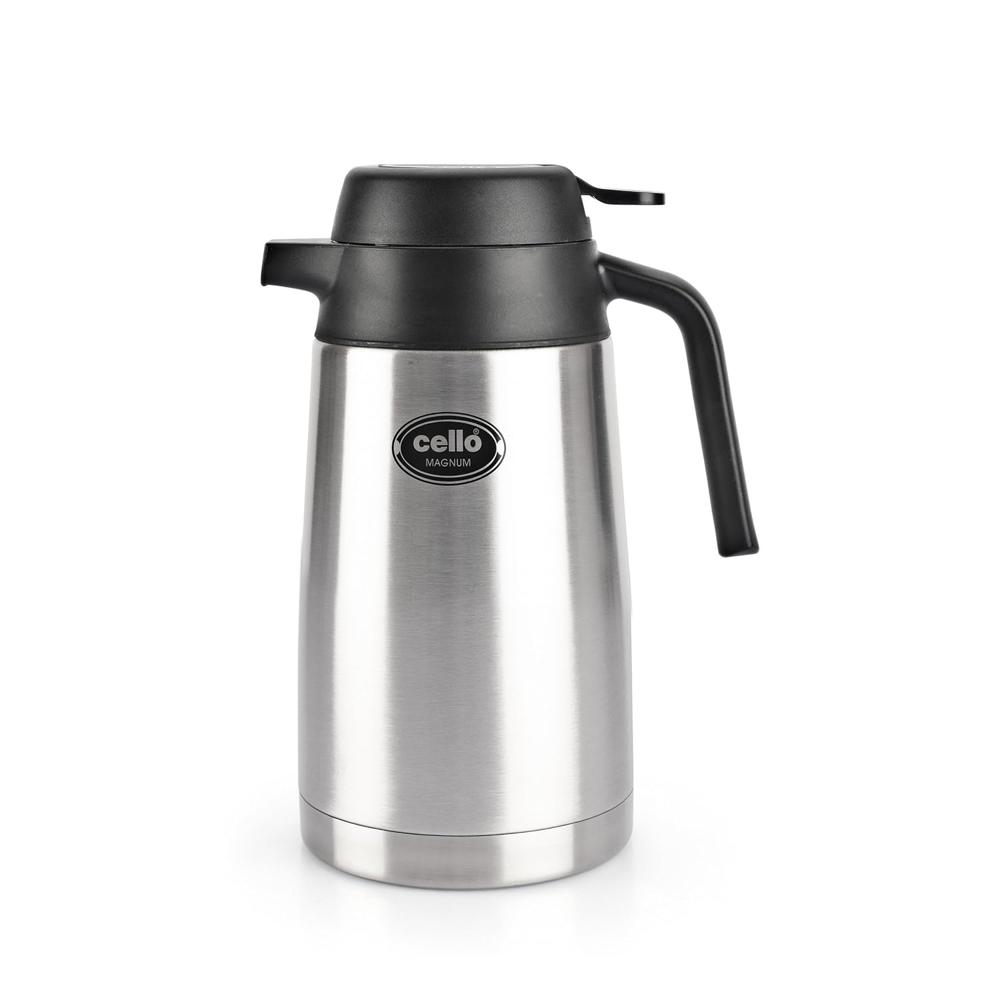 Cello Magnum ISI Certified Vacuum Insulated Stainless Steel Carafe with Handle 1200 ml, Silver | Double Walled, Vacuum Insulated, Hot & Cold | Easy to Carry Leakproof Stainless Steel Tea/Coffee Flask