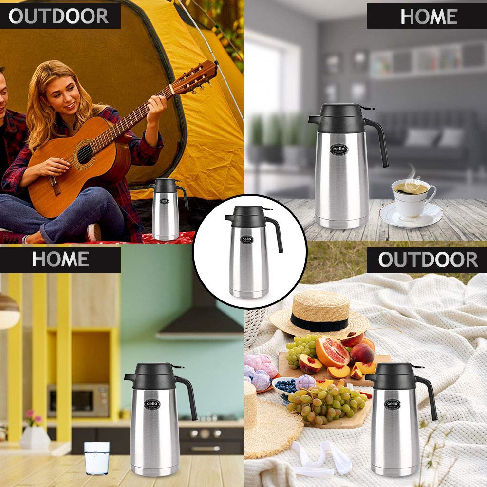 Cello Magnum ISI Certified Vacuum Insulated Stainless Steel Carafe with Handle 1200 ml, Silver | Double Walled, Vacuum Insulated, Hot & Cold | Easy to Carry Leakproof Stainless Steel Tea/Coffee Flask
