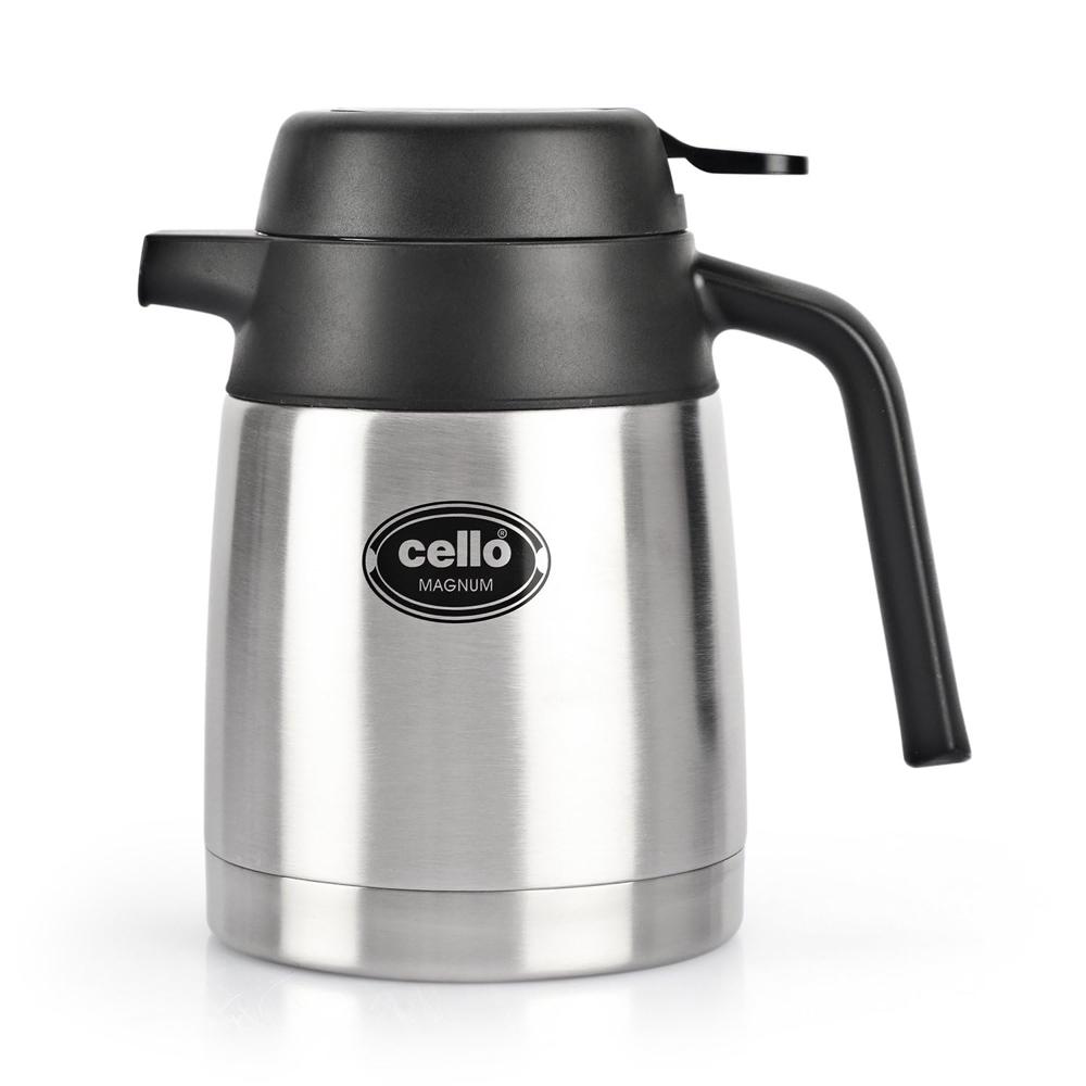 Cello Magnum ISI Certified Vacuum Insulated Stainless Steel Carafe with Handle 800 ml, Silver | Double Walled, Vacuum Insulated, Hot & Cold | Easy to Carry Leakproof Stainless Steel Tea/Coffee Flask