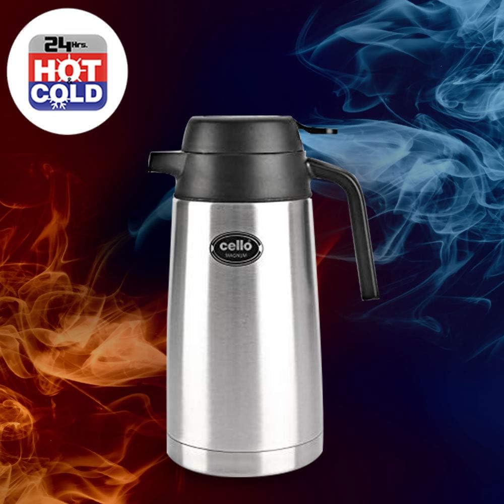 Cello Magnum ISI Certified Vacuum Insulated Stainless Steel Carafe with Handle 800 ml, Silver | Double Walled, Vacuum Insulated, Hot & Cold | Easy to Carry Leakproof Stainless Steel Tea/Coffee Flask
