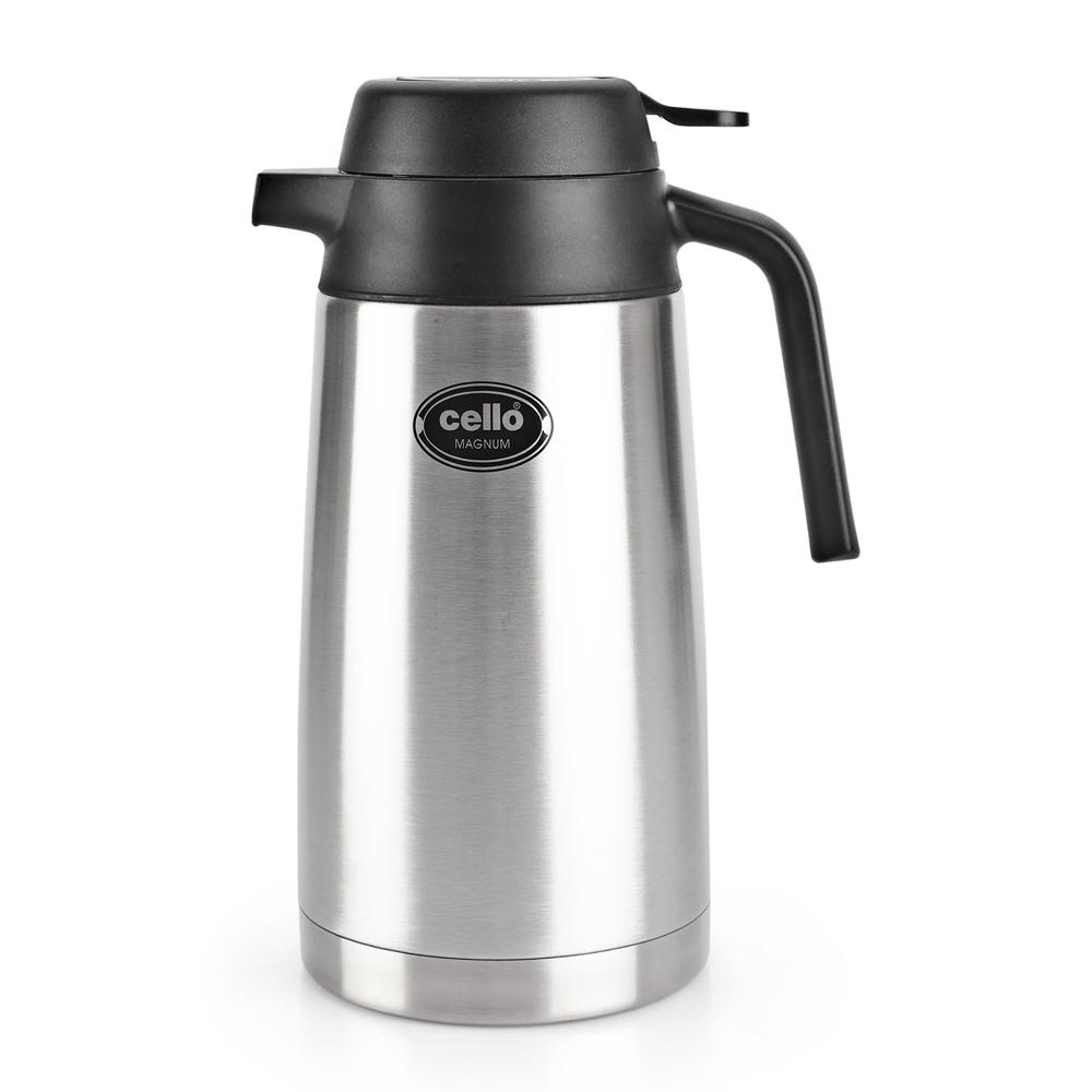 Cello Magnum ISI Certified Vacuum Insulated Stainless Steel Carafe with Handle 2000 ml, Black | Double Walled, Vacuum Insulated, Hot & Cold | Easy to Carry Leakproof Stainless Steel Tea/Coffee Flask