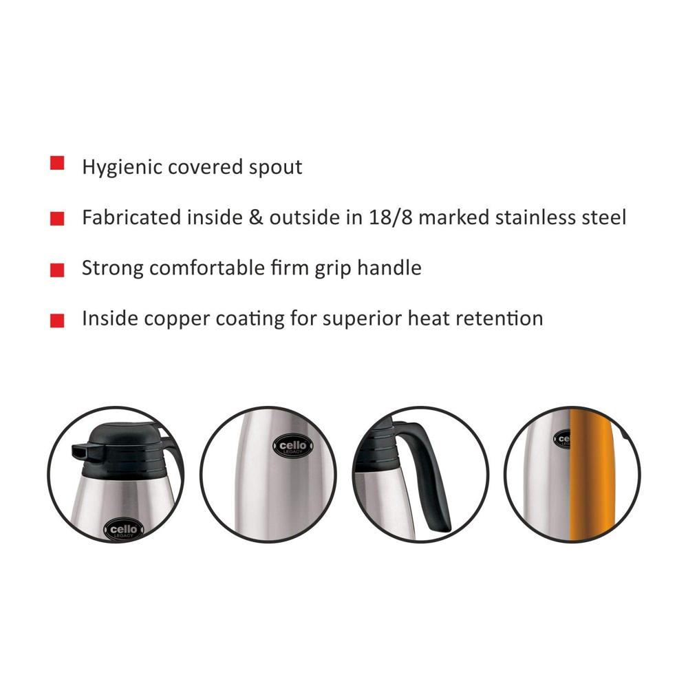 Cello Legacy Stainless Steel Carafe, Double Walled, 1500 ml, Silver