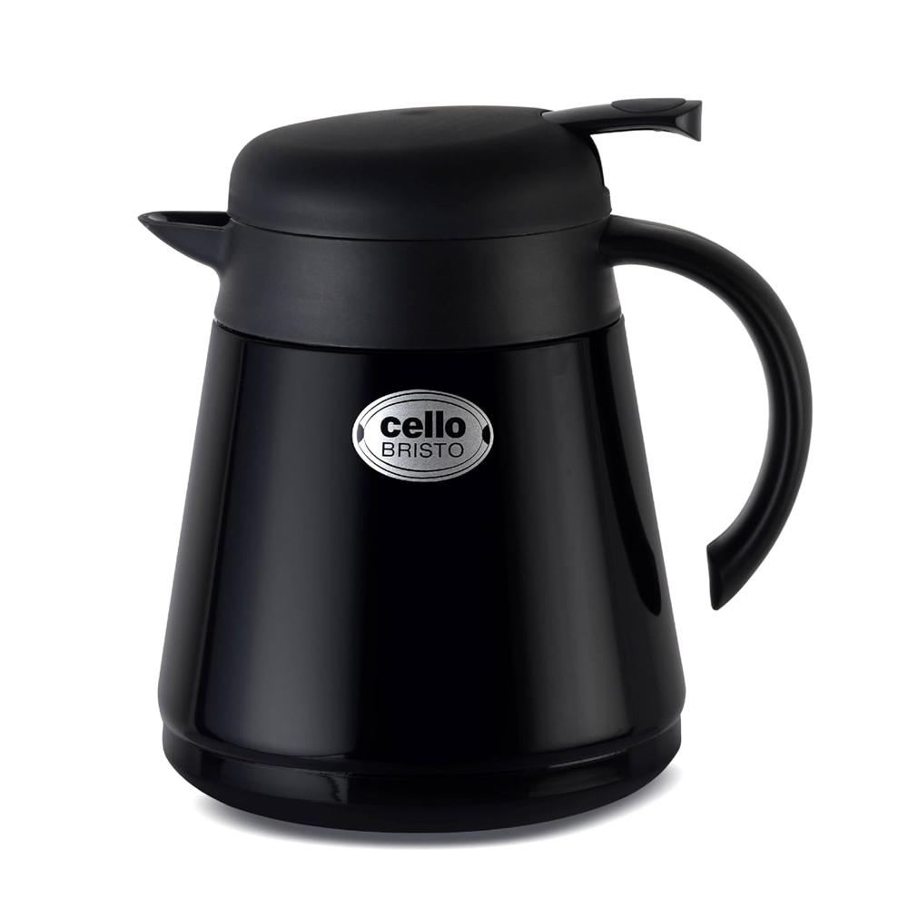 Cello Bristo ISI Certified Vacuum Insulated Stainless Steel Carafe with Handle 850 ml, Black | Double Walled, Vacuum Insulated, Hot & Cold | Easy to Carry Leakproof Stainless Steel Tea/Coffee Flask