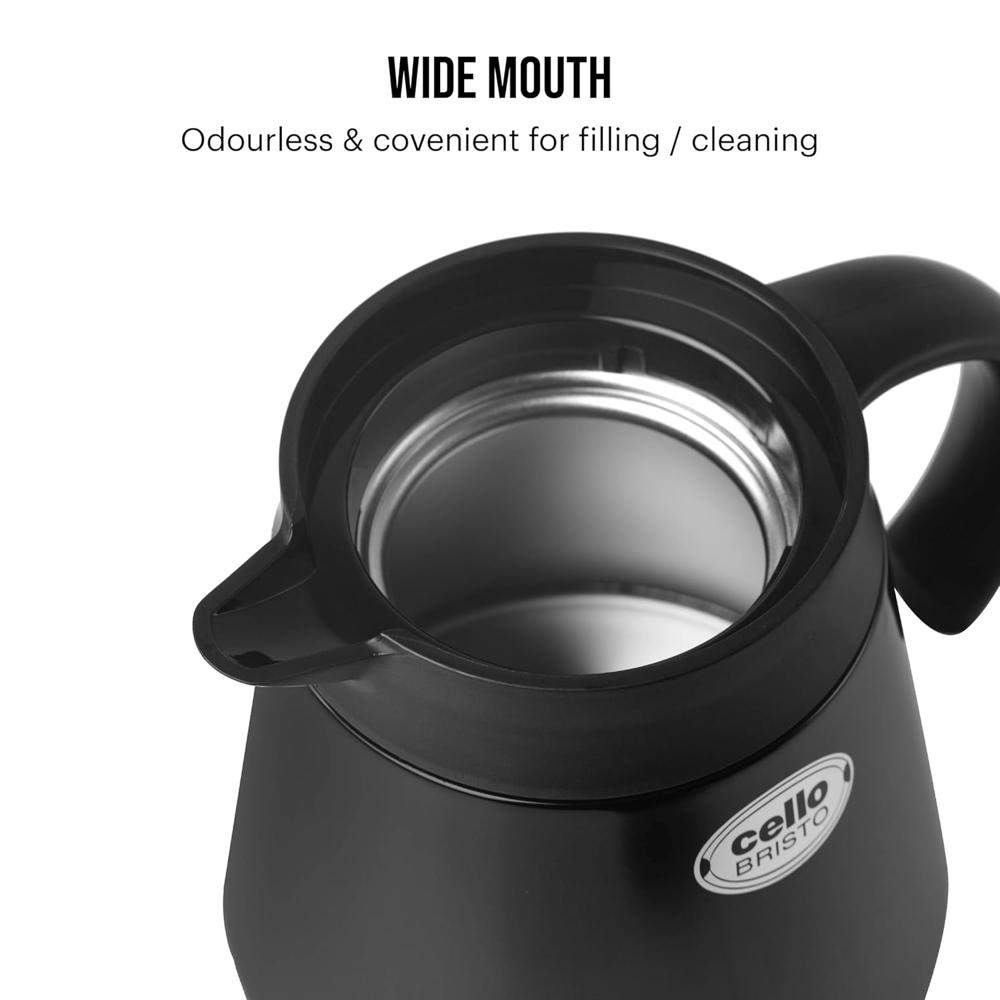 Cello Bristo ISI Certified Vacuum Insulated Stainless Steel Carafe with Handle 850 ml, Black | Double Walled, Vacuum Insulated, Hot & Cold | Easy to Carry Leakproof Stainless Steel Tea/Coffee Flask
