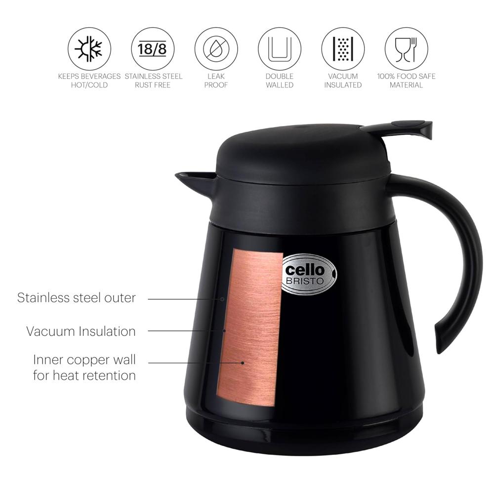 Cello Bristo ISI Certified Vacuum Insulated Stainless Steel Carafe with Handle 850 ml, Black | Double Walled, Vacuum Insulated, Hot & Cold | Easy to Carry Leakproof Stainless Steel Tea/Coffee Flask