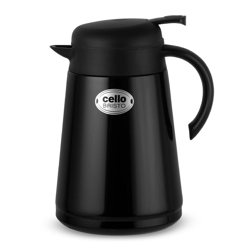 Cello Bristo ISI Certified Vacuum Insulated Stainless Steel Carafe with Handle 1250 ml, Black | Double Walled, Vacuum Insulated, Hot & Cold | Easy to Carry Leakproof Stainless Steel Tea/Coffee Flask