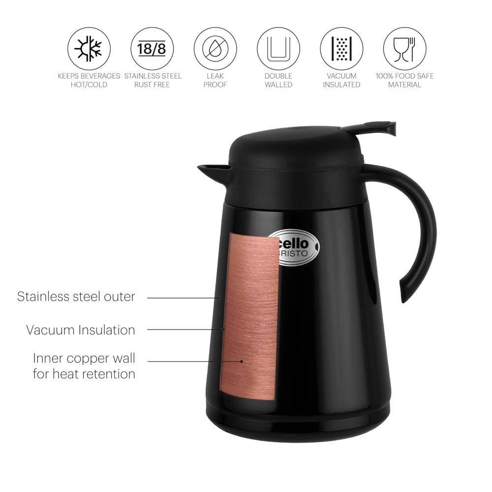 Cello Bristo ISI Certified Vacuum Insulated Stainless Steel Carafe with Handle 1250 ml, Black | Double Walled, Vacuum Insulated, Hot & Cold | Easy to Carry Leakproof Stainless Steel Tea/Coffee Flask