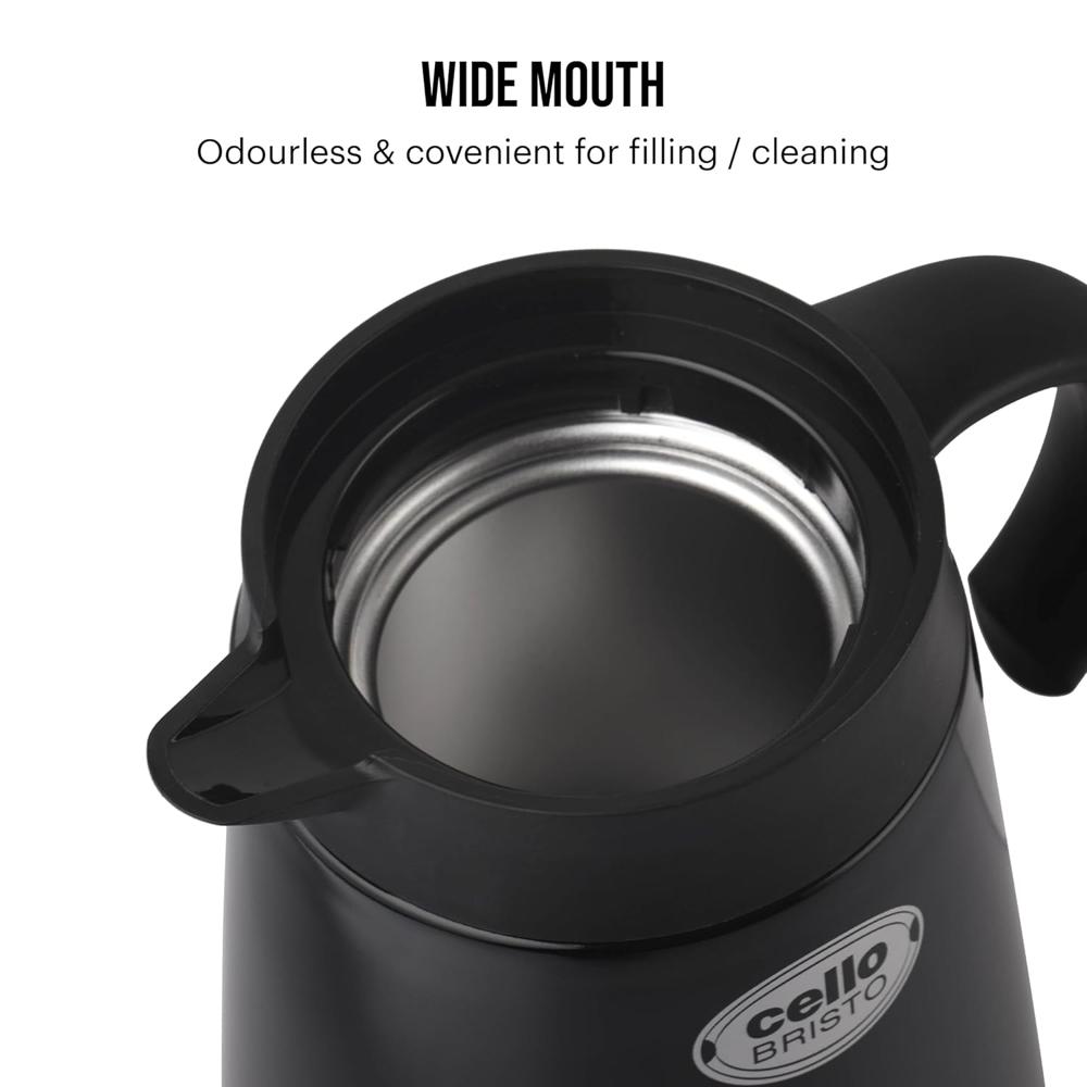 Cello Bristo ISI Certified Vacuum Insulated Stainless Steel Carafe with Handle 1250 ml, Black | Double Walled, Vacuum Insulated, Hot & Cold | Easy to Carry Leakproof Stainless Steel Tea/Coffee Flask