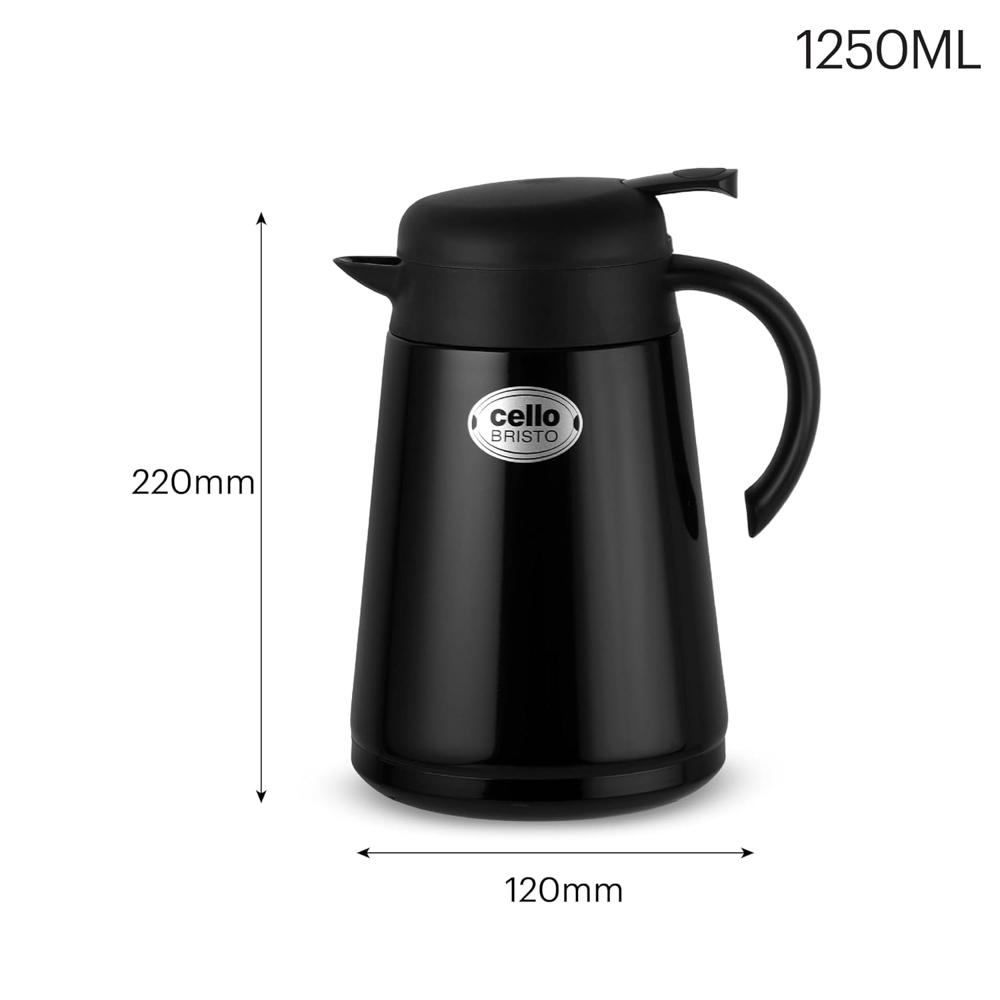 Cello Bristo ISI Certified Vacuum Insulated Stainless Steel Carafe with Handle 1250 ml, Black | Double Walled, Vacuum Insulated, Hot & Cold | Easy to Carry Leakproof Stainless Steel Tea/Coffee Flask